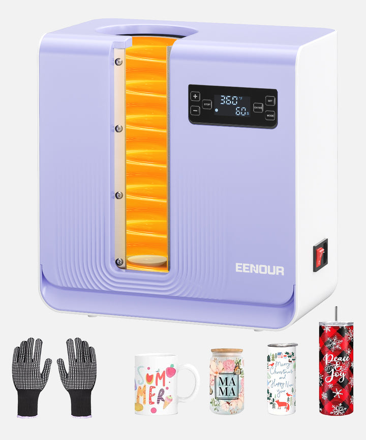 EENOUR manufacturer photo of the purple T03 automated rotating tumbler heat press and example drinkware